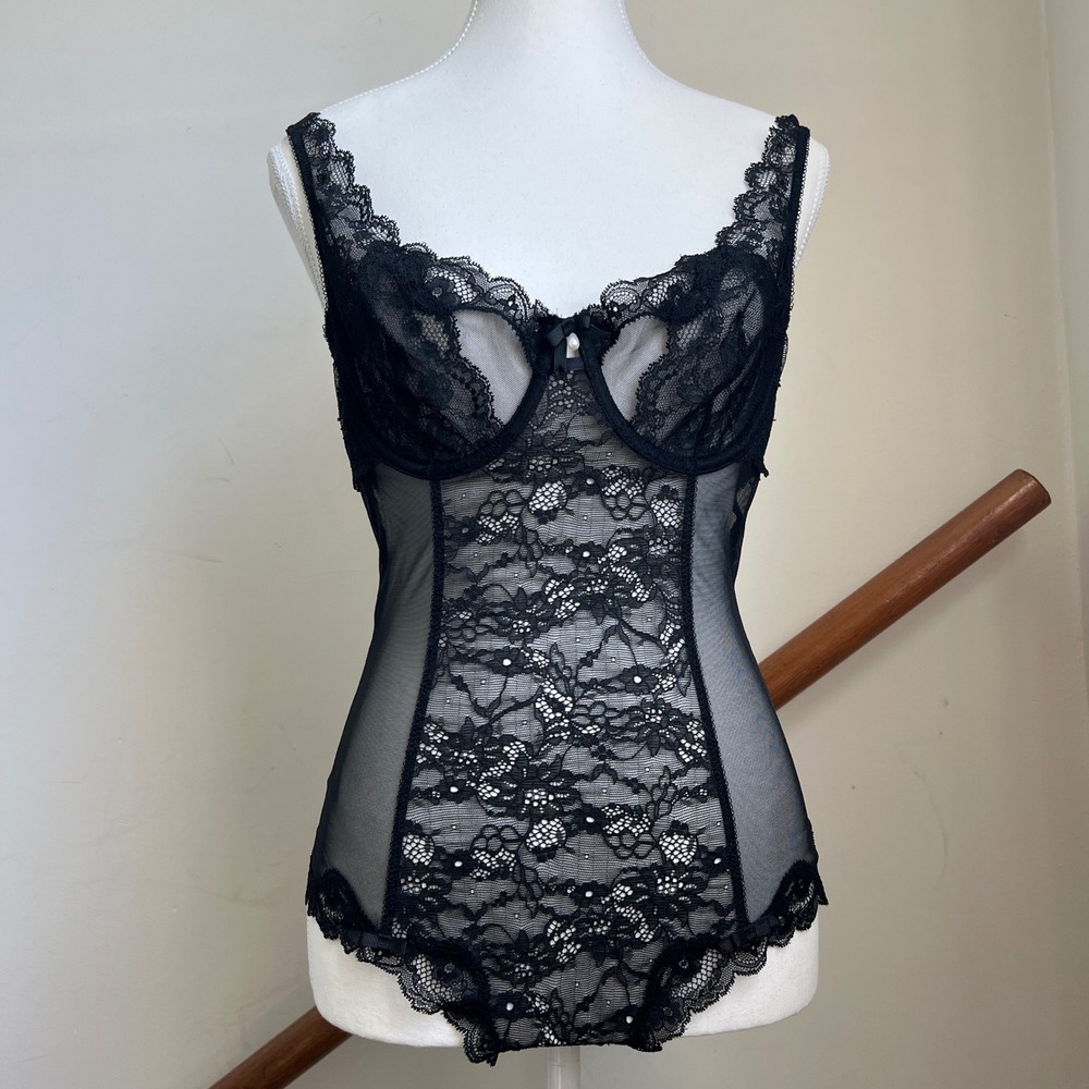 Victoria's Secret Bodysuit 36D Black Lace Underwire Garter One Piece Lingerie